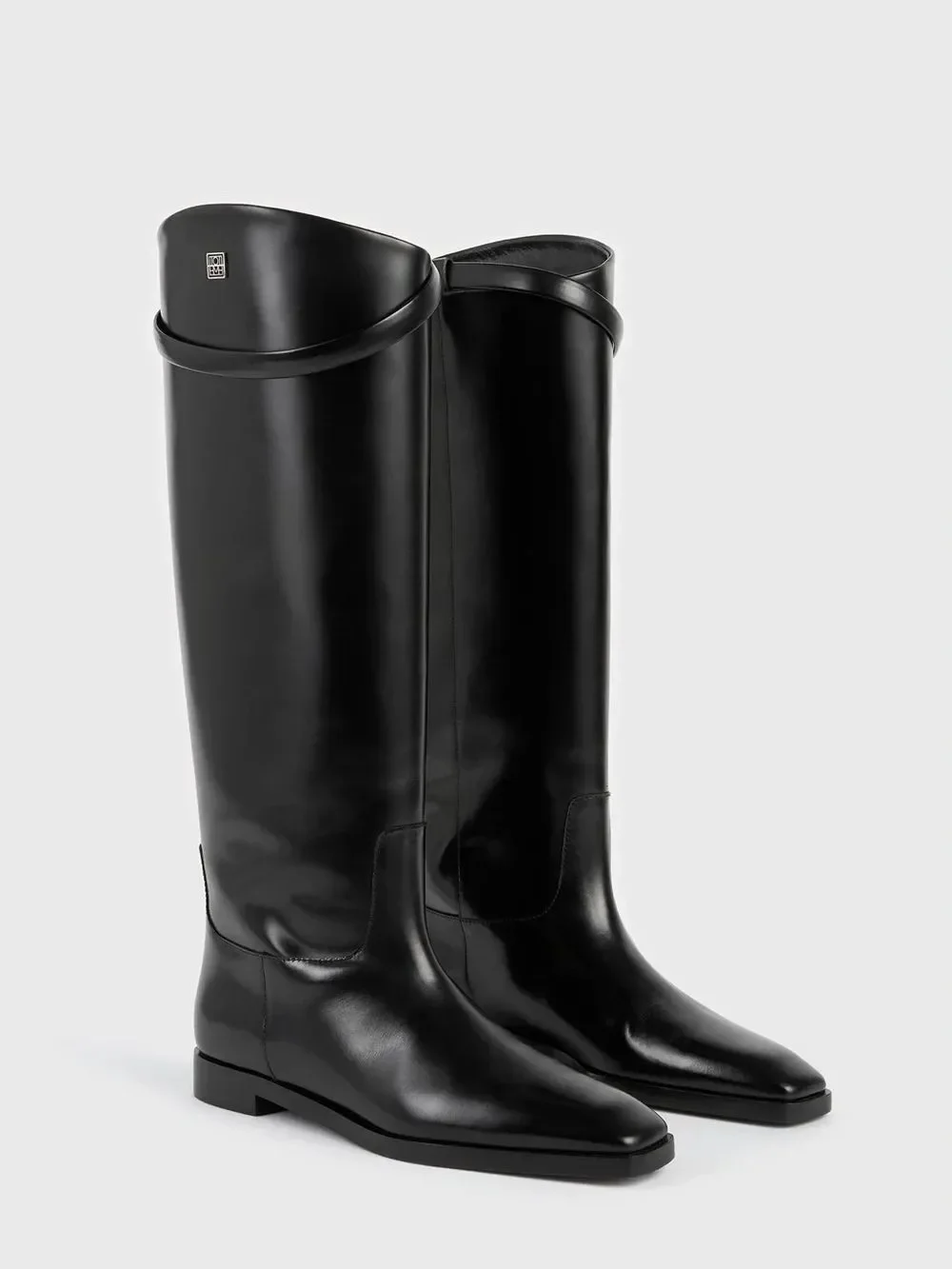 NEW Toteme Leather Riding Boot Square Toe Pull On Shiny Black 41EU